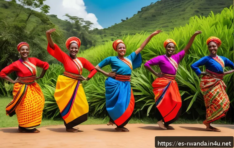 르완다 민속 춤의 건강 효과 - A vibrant group of Rwandan dancers performing traditional dance in a sunny outdoor setting, wearing ...