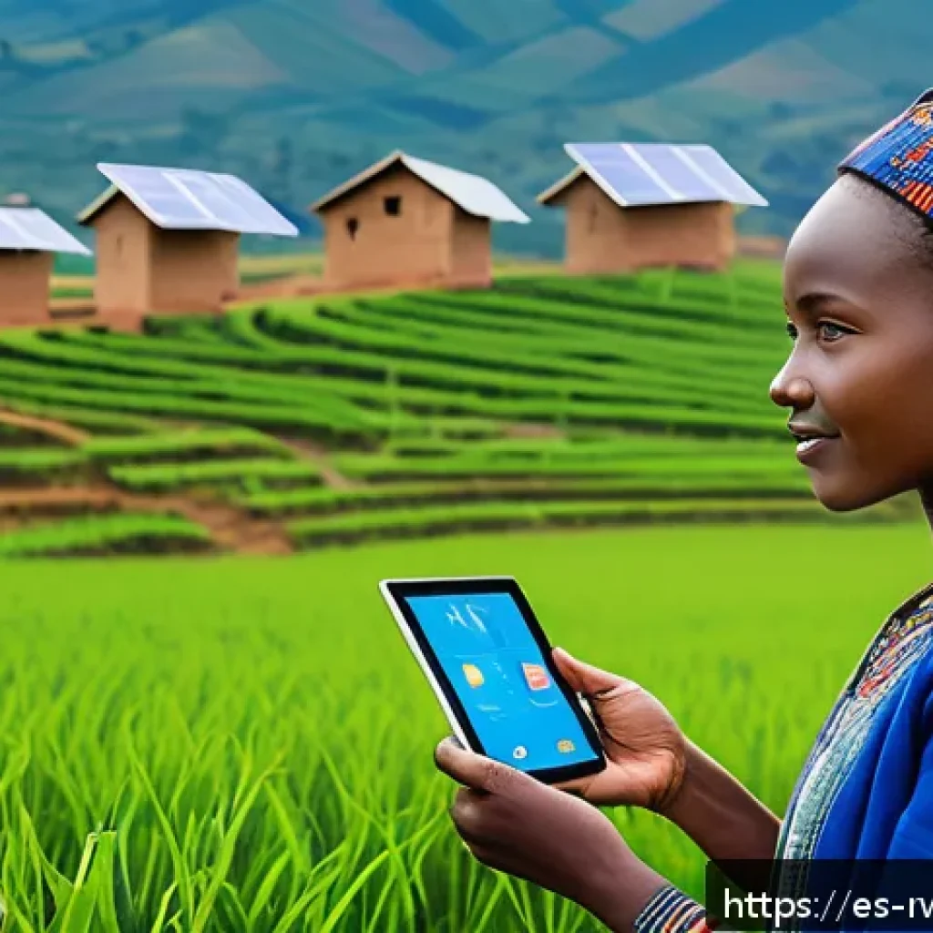르완다의 주요 산업 변화 - A vibrant rural Rwandan village scene showcasing advanced digital infrastructure: colorful tradition...