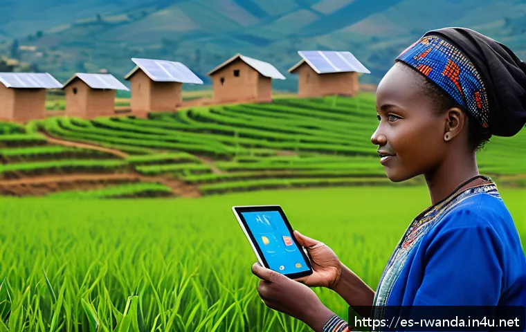 르완다의 주요 산업 변화 - A vibrant rural Rwandan village scene showcasing advanced digital infrastructure: colorful tradition...