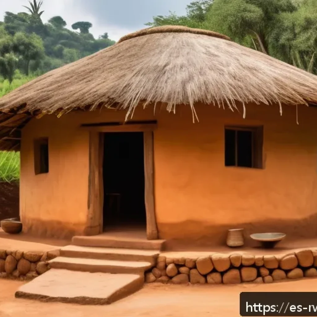 르완다의 주요 건축 양식 - A traditional Rwandan rondavel house with circular shape and thatched roof, constructed from natural...