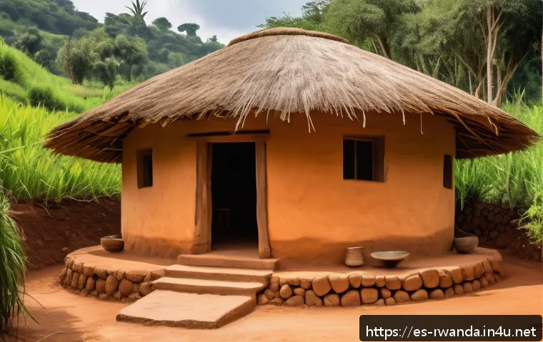 르완다의 주요 건축 양식 - A traditional Rwandan rondavel house with circular shape and thatched roof, constructed from natural...
