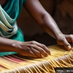 Home 19 르완다 민속 공예품 - A detailed close-up of Rwandan female artisans weaving traditional textiles using natural sisal and ...