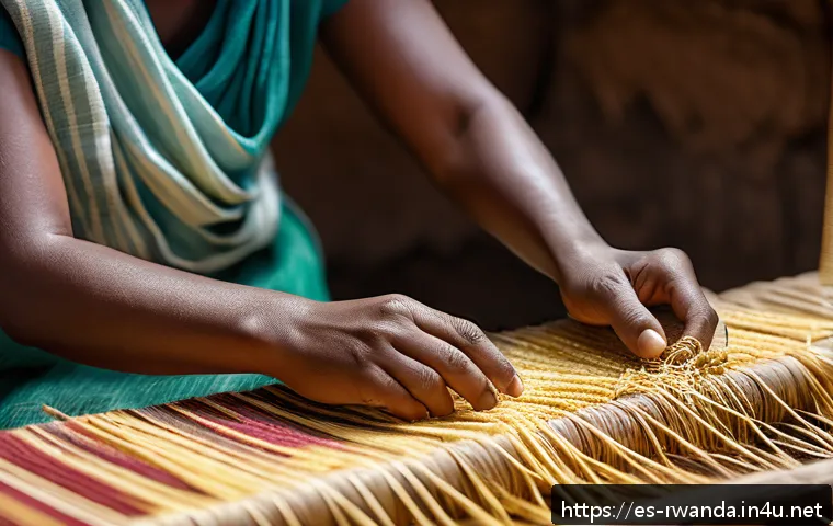 르완다 민속 공예품 - A detailed close-up of Rwandan female artisans weaving traditional textiles using natural sisal and ...