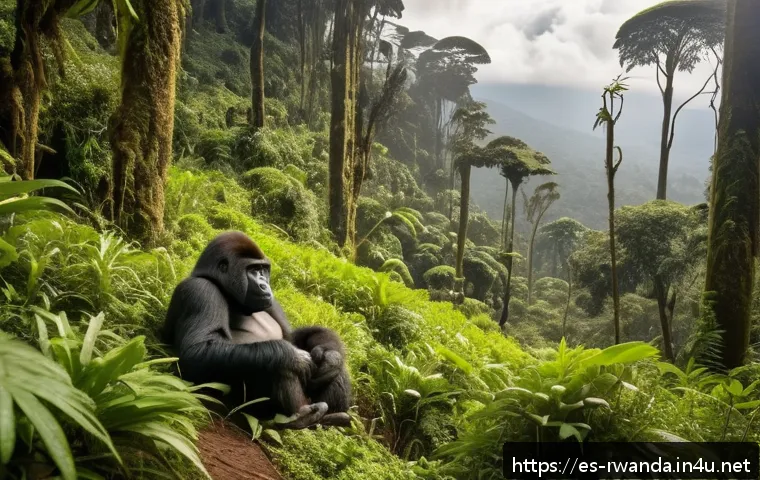 르완다의 국립 공원 개요 - A serene mountain forest scene in the Volcanoes National Park, Rwanda, showcasing towering ancient t...