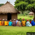 Home 23 르완다 민속 문화 연구소 - A vibrant scene of Rwandan elders sitting in a circle outdoors under large trees, sharing traditiona...