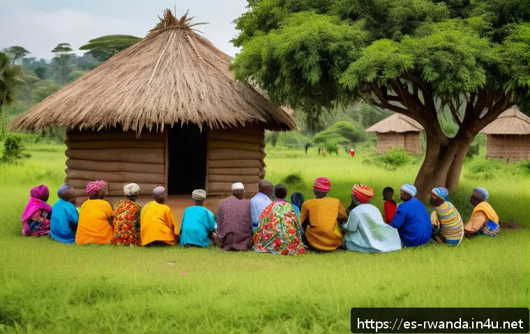 르완다 민속 문화 연구소 - A vibrant scene of Rwandan elders sitting in a circle outdoors under large trees, sharing traditiona...