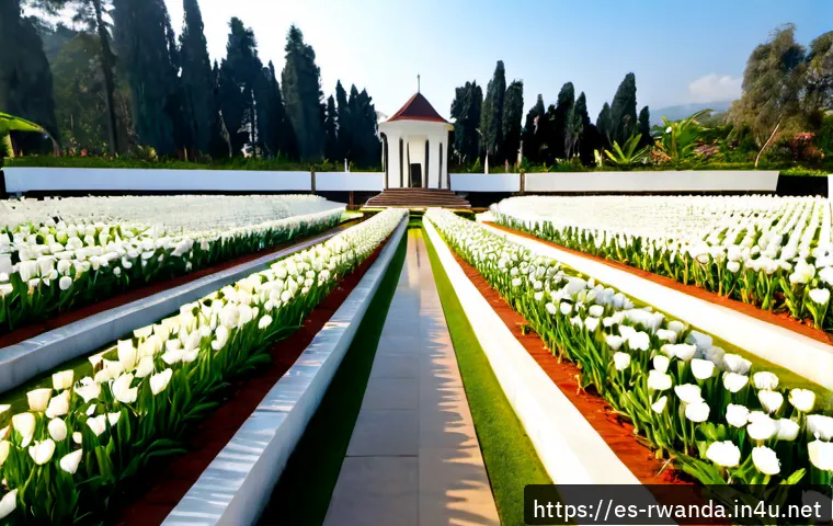 르완다 유네스코 등재 유산 - Photorealistic wide-angle view of a dignified Rwanda genocide memorial garden in Kigali, carefully m...