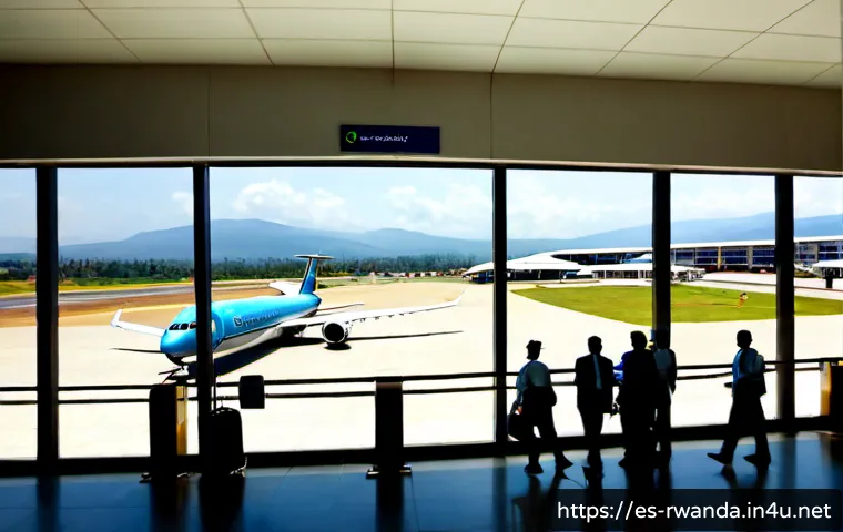 르완다의 항공 정책 - Photorealistic wide view of a modern airport terminal in Kigali, Rwanda, with an East African passen...