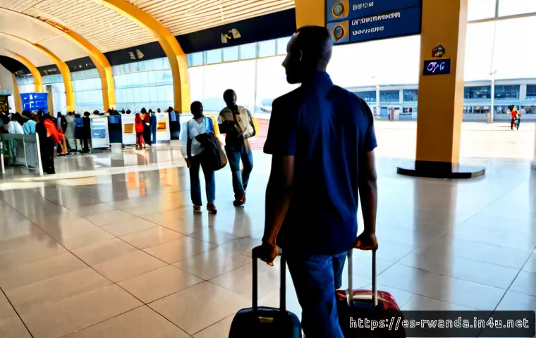 Home 17 르완다 공항 도착 절차 - Photorealistic airport arrival hall in Kigali, Rwanda, Spanish-speaking traveler calmly following th...