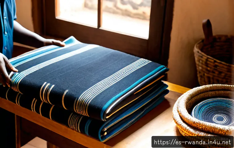 르완다 전통 직물 제품의 주요 수출국 - Photorealistic export-ready display of richly patterned Rwandan traditional woven textiles, neatly f...