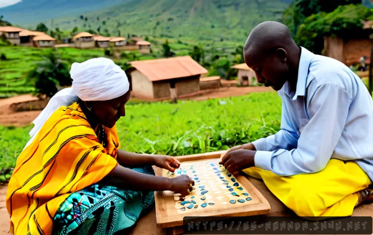 Home 17 르완다의 전통 스포츠 - Photorealistic scene of Rwandan elders and young adults playing Igisoro, a traditional mancala-style...