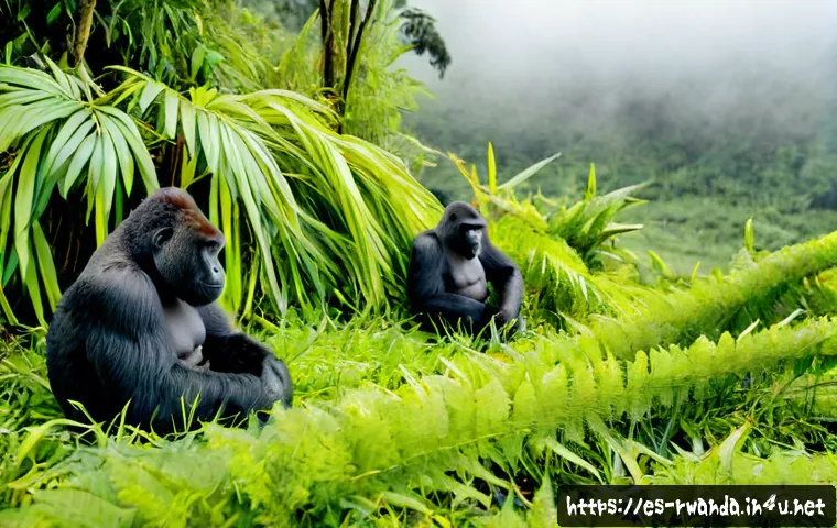 Home 17 르완다에서 고릴라 보호 노력 - Photorealistic wildlife conservation scene in Rwanda’s misty Volcanoes National Park, a mountain gor...
