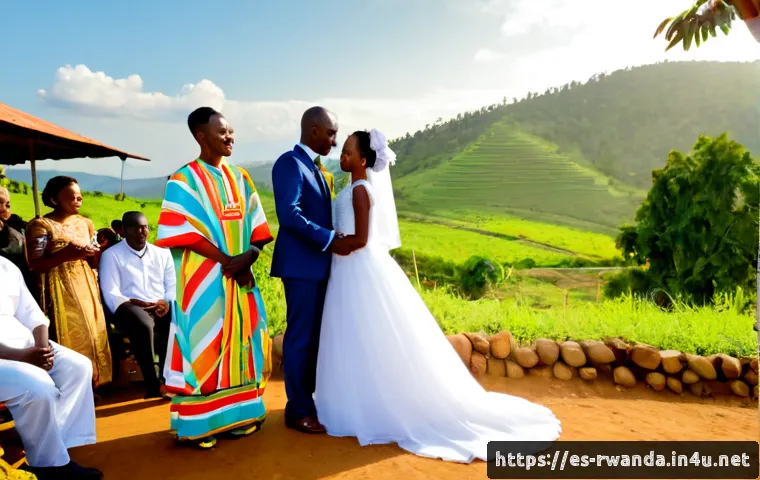 Home 30 르완다 전통 혼례 - Photorealistic Rwandan traditional wedding ceremony, elegantly dressed bride and groom wearing color...
