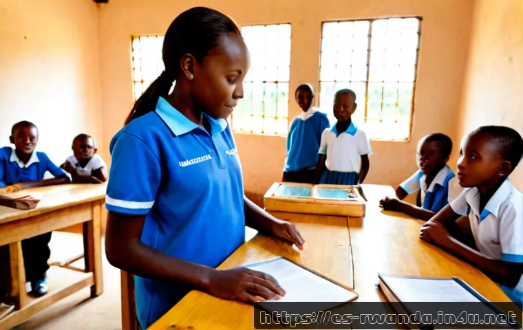 Home 17 르완다에서의 교육 봉사 - Photorealistic educational volunteer scene in rural Rwanda, a Spanish-speaking international volunte...