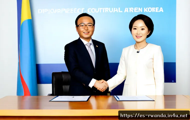 르완다와 한국의 관계 - Photorealistic diplomatic cooperation scene between Rwanda and South Korea, two professional delegat...