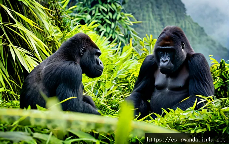 르완다의 주요 야생 동물 보호소 - Photorealistic mountain gorilla family in Rwanda’s Volcanoes National Park, adult silverback seated ...
