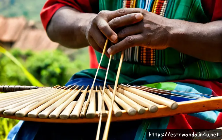르완다 전통 악기 - Photorealistic close-up of a skilled Rwandan musician playing an inanga, a traditional wooden zither...